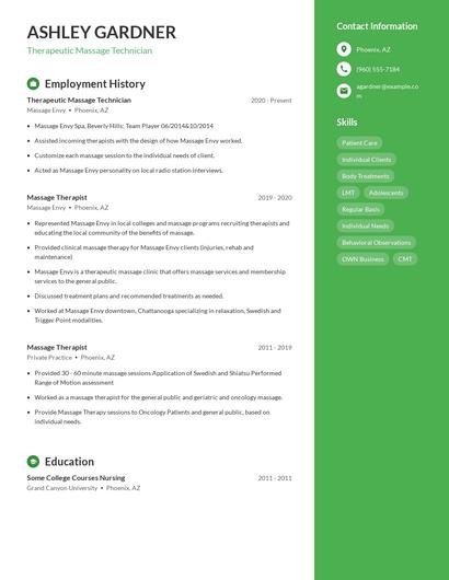 Therapeutic Massage Technician Resume