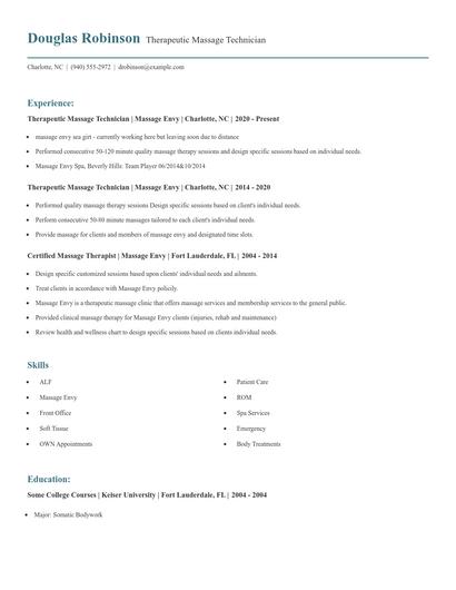 Therapeutic Massage Technician Resume