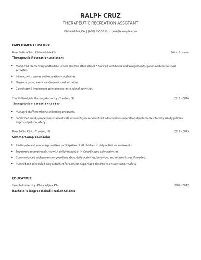 Therapeutic Recreation Assistant Resume