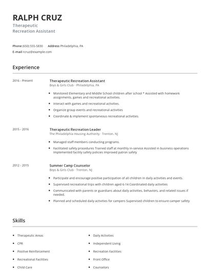 Therapeutic Recreation Assistant Resume
