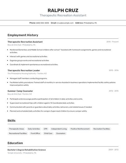 Therapeutic Recreation Assistant Resume