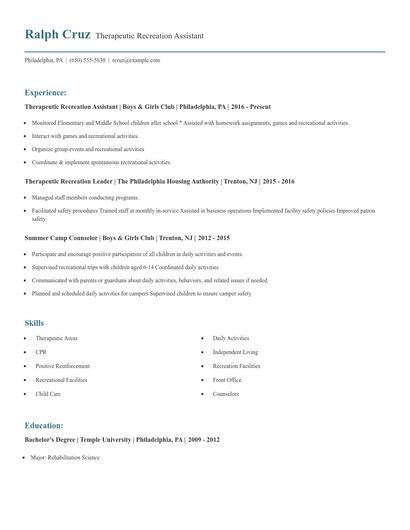 Therapeutic Recreation Assistant Resume