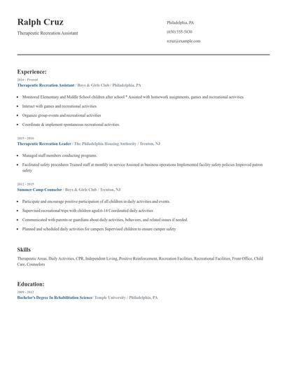 Therapeutic Recreation Assistant Resume