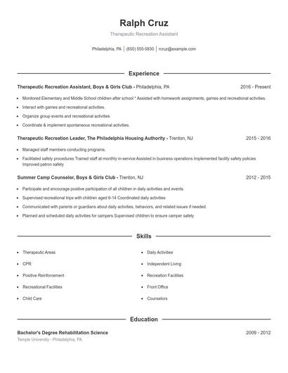 Therapeutic Recreation Assistant Resume