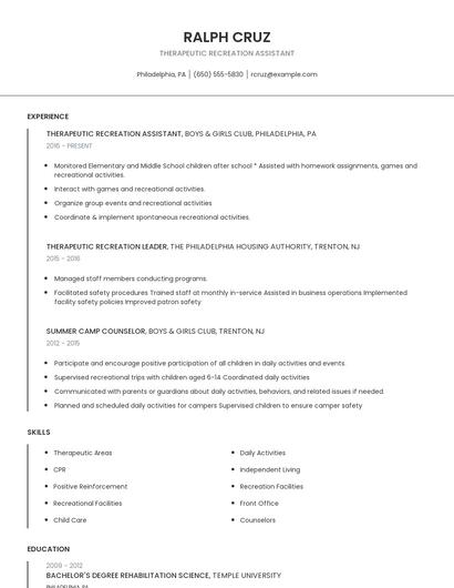 Therapeutic Recreation Assistant Resume