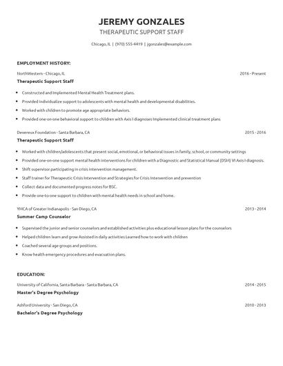 Therapeutic Support Staff Resume