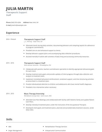 Therapeutic Support Staff Resume