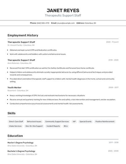 Therapeutic Support Staff Resume