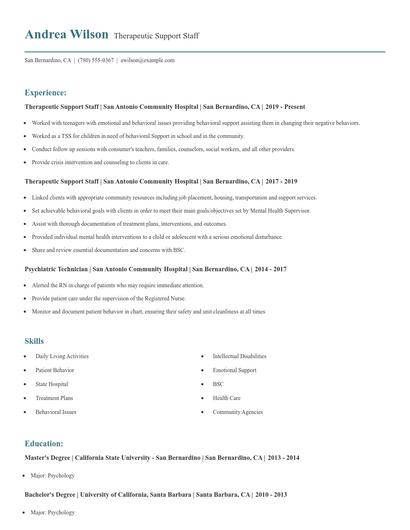 Therapeutic Support Staff Resume