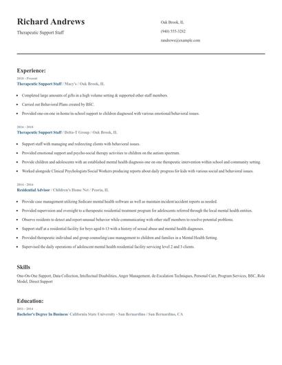 Therapeutic Support Staff Resume