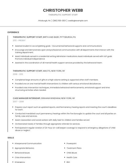 Therapeutic Support Staff Resume