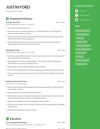 Therapy Technician Resume