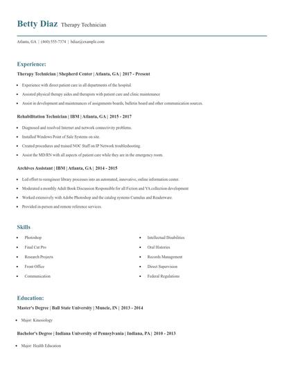 Therapy Technician Resume