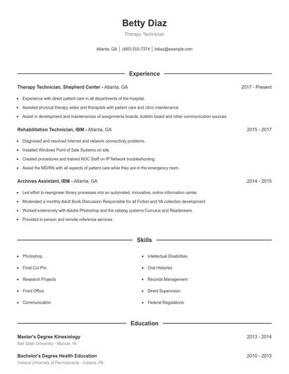 Therapy Technician Resume