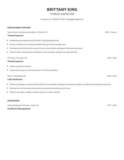 Thread Inspector Resume