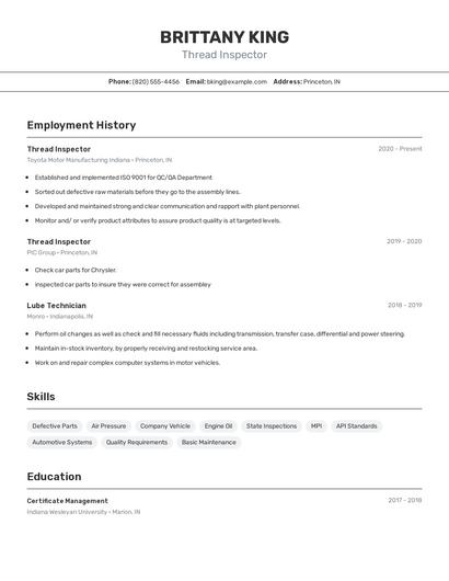 Thread Inspector Resume