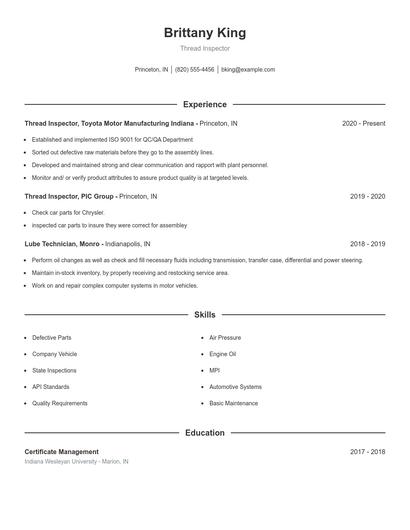 Thread Inspector Resume