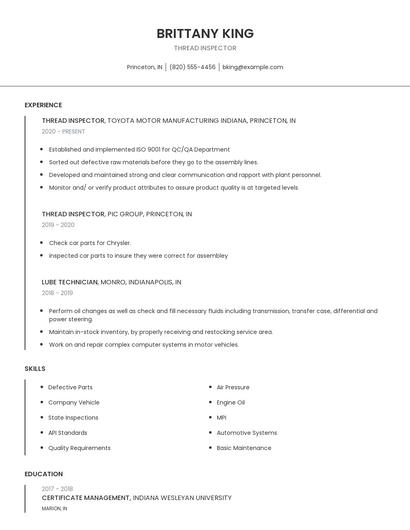 Thread Inspector Resume