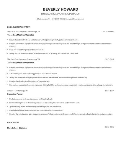 Threading Machine Operator Resume