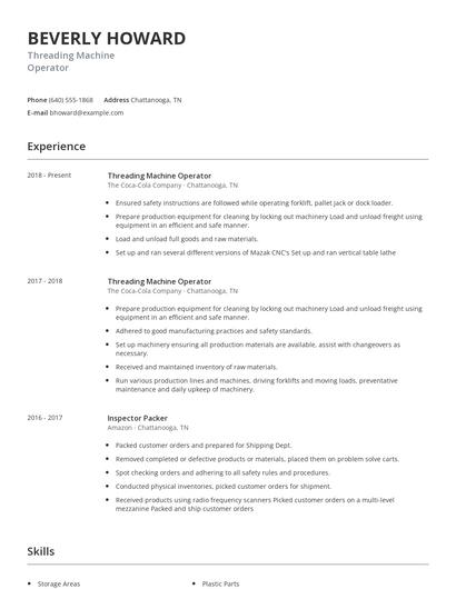 Threading Machine Operator Resume