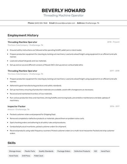 Threading Machine Operator Resume
