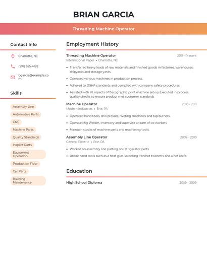 Threading Machine Operator Resume