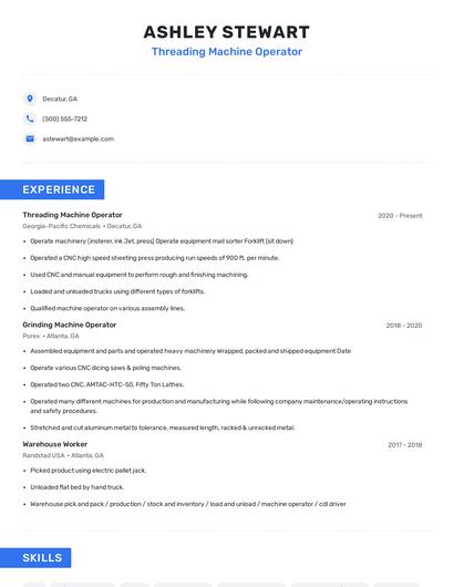 Threading Machine Operator Resume