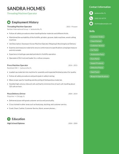 Threading Machine Operator Resume
