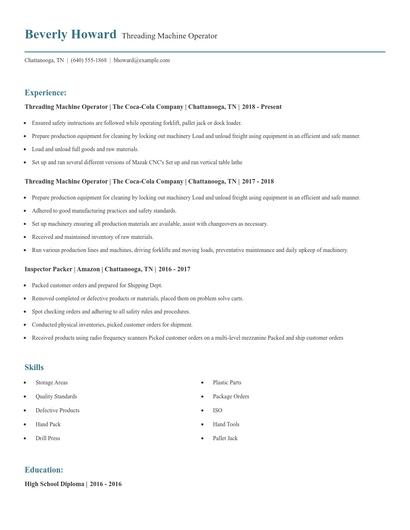 Threading Machine Operator Resume