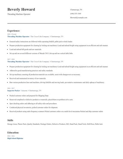 Threading Machine Operator Resume