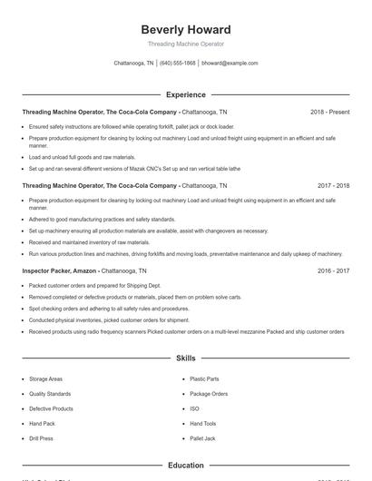 Threading Machine Operator Resume