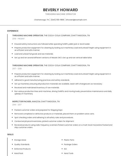 Threading Machine Operator Resume