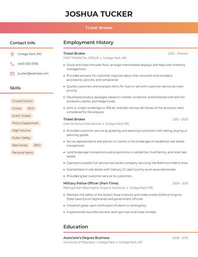 Ticket Broker Resume