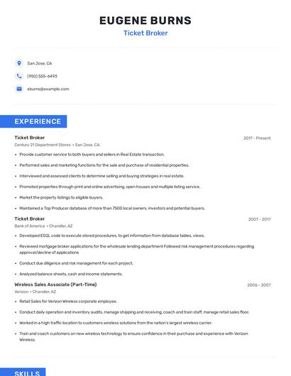 Ticket Broker Resume