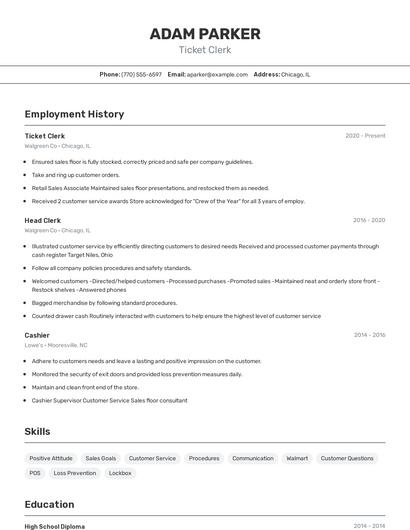 Ticket Clerk Resume
