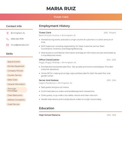 Ticket Clerk Resume