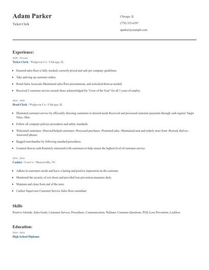 Ticket Clerk Resume