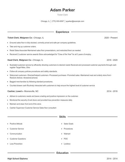 Ticket Clerk Resume