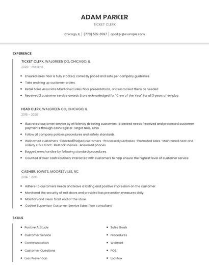 Ticket Clerk Resume