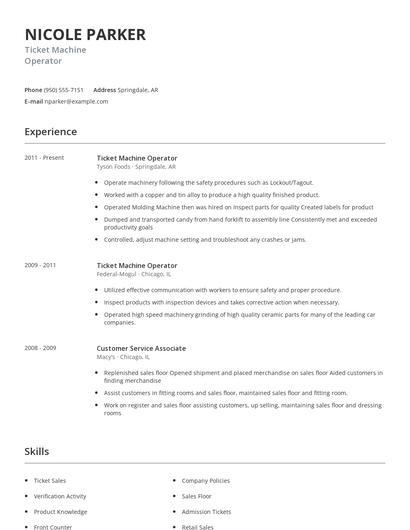 Ticket Machine Operator Resume