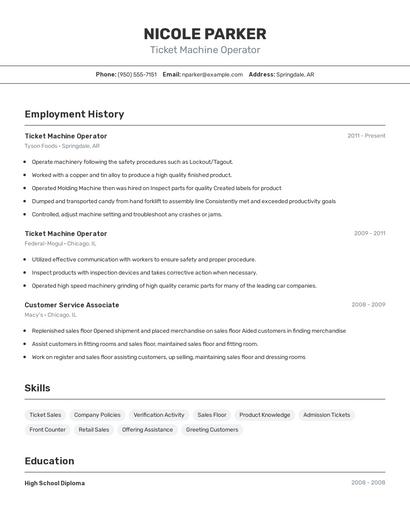 Ticket Machine Operator Resume