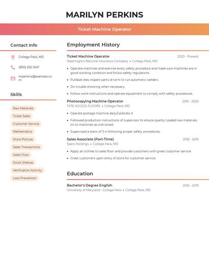Ticket Machine Operator Resume