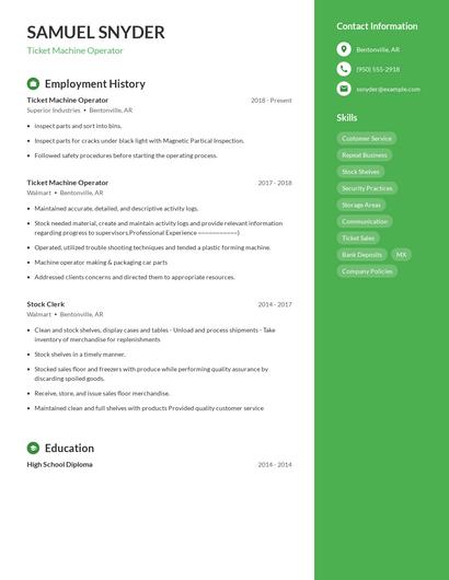 Ticket Machine Operator Resume