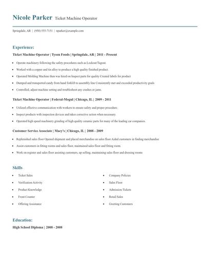 Ticket Machine Operator Resume