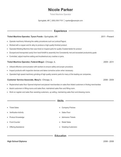 Ticket Machine Operator Resume