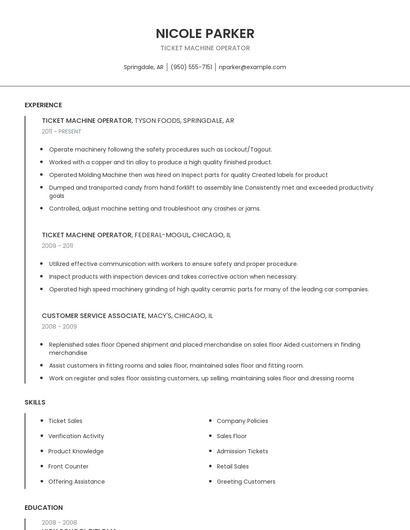 Ticket Machine Operator Resume
