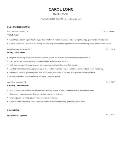 Ticket Taker Resume
