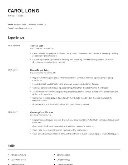 Ticket Taker Resume