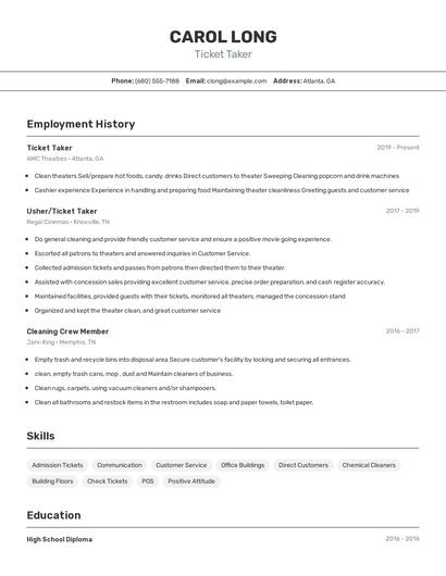 Ticket Taker Resume