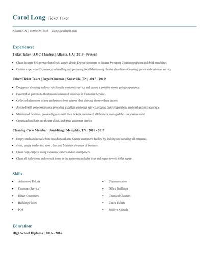 Ticket Taker Resume